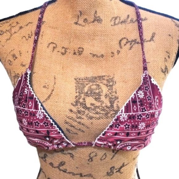 Agua Bendita, Itsy Bitsy Teeny Weeny Maroon & White Bandana String Bikini Top S - Picture 1 of 7